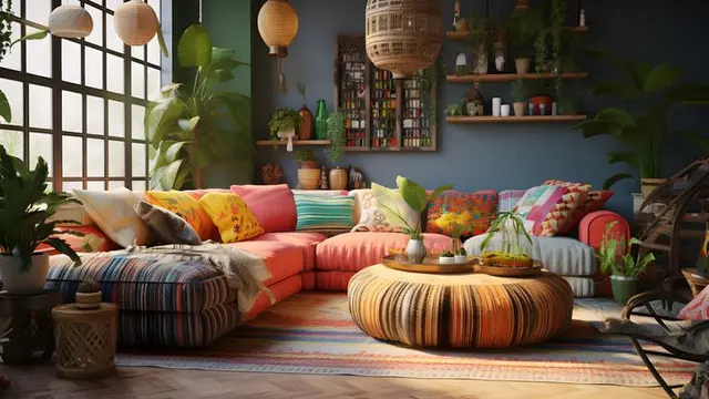 Ilustrasi Ruang Tamu Bohemian Meriah