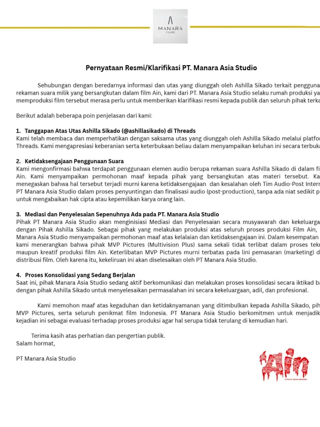 PH Film Ain Akui Kesalahan Tim Audio-Post