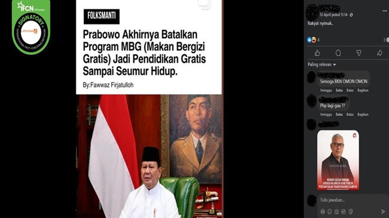 Gambar tangkapan layar kabar tentang Presiden Prabowo membatalkan program BMG dan mengubahnya jadi pendidikan gratis seumur hidup. (sumber: Facebook)