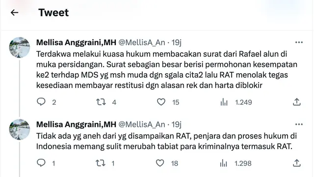 Cuitan pengacara David Ozora, Mellisa Anggraini. (Foto: Dok. Twitter @MellisA_An)