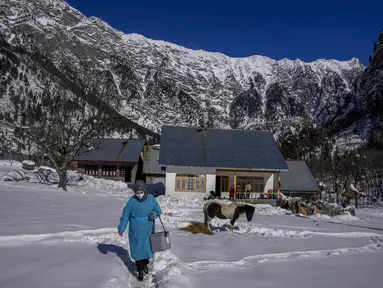 Masrat Farid, seorang petugas kesehatan, membawa vaksin saat berjalan di lapangan tertutup salju setelah memberikan dosis kepada gadis-gadis muda selama upaya vaksinasi COVID-19 di Gagangeer, timur laut Srinagar, Kashmir yang dikuasai India, pada 12 Januari 2022. (AP Photo /Dar Yasin)