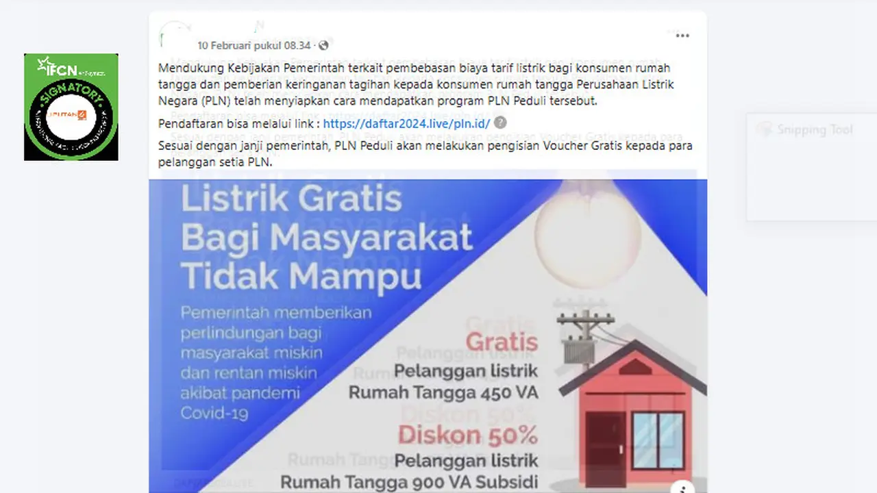 Tangkapan layar  klaim pendaftaran listrik gratis bagi masyarakat tidak mampu
