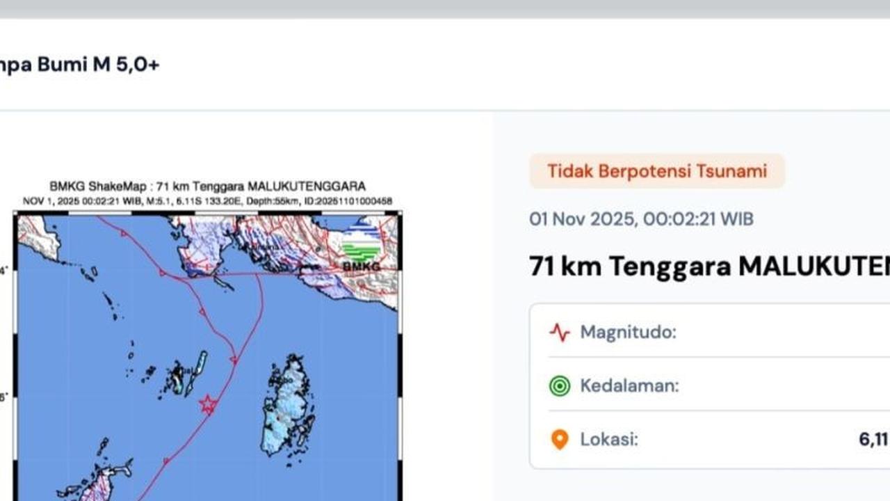 Gempa M 5,1 Guncang Maluku Tenggara Dini Hari, BMKG Pastikan Tak Berpotensi Tsunami
