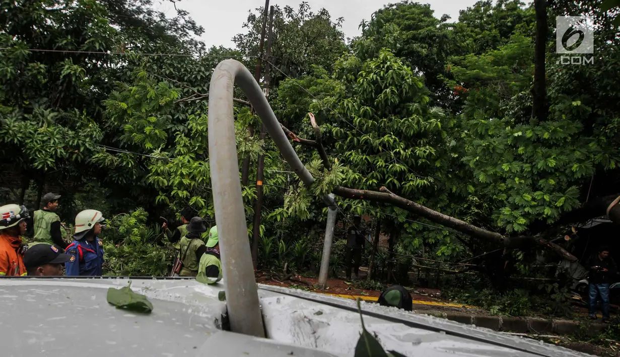 Kondisi bagian belakang mobil setelah tertimpa lampu jalan di kawasan jalan purworejo Menteng, Jakarta, Senin (27/11). Dalam kejadian tersebut tidak ada korban jiwa dalam kejadian tersebut. (Liputan6.com/Faizal Fanani)