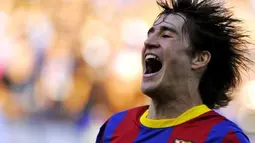 Ekspresi striker Barcelona Bojan Krkic usai mencetak gol ke gawang Malaga dalam partai penutup La Liga 2010-2011 di Estadio La Rosaleda, 21 Mei 2011. AFP PHOTO/JORGE GUERRERO