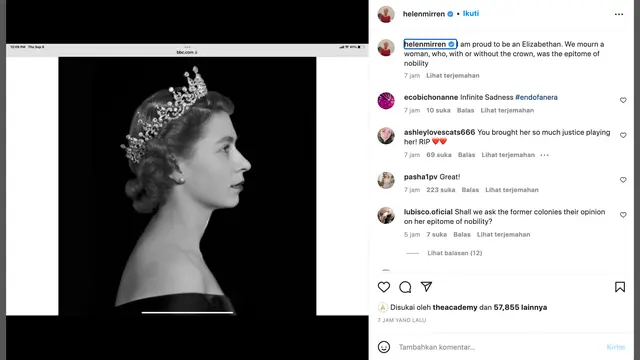 Unggahan Helen Mirren soal meninggalnya Ratu Elizabeth II. (Foto: Dok. Instagram @helenmirren)