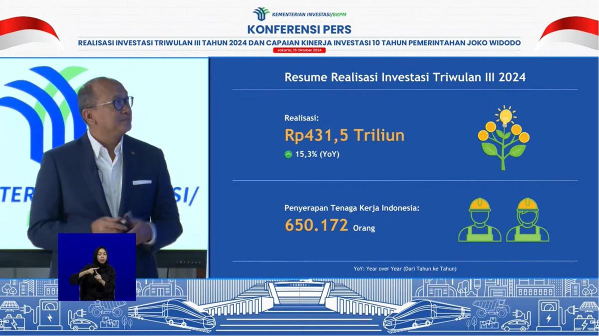 Rosan Roeslani saat konferensi pers terkait Realisasi Investasi Triwulan III 2024