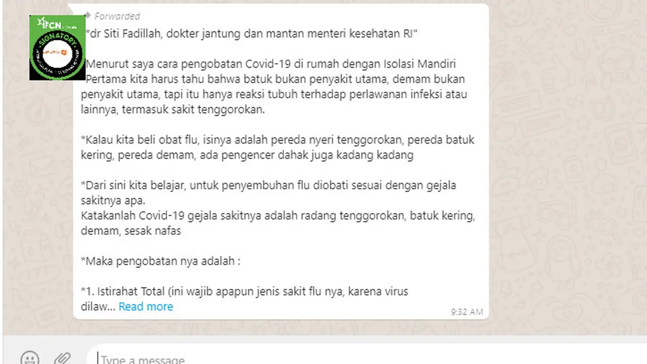 Cek Fakta Liputan6.com menelusuri klaim tulisan mantan Menteri Kesehatan dr Siti Fadillah tentang pengobatan Covid-19 saat isolasi mandiri