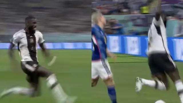 Aksi Rudiger menghadang Asano dalam laga Jerman vs Jepang Piala Dunia 2022