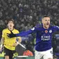 Striker Leicester City Jamie Vardy merayakan golnya ke gawang Arsenal pada pekan ke-12 Liga Inggris di King Power Stadium, Minggu (10/11/2019) dini hari WIB.(AP Photo/Rui Vieira)