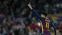 Pemain Barcelona, Neymar merayakan gol nya ke gawang Bate Borisov pada laga Liga Champions di Stadion Camp Nou, Spanyol, Rabu (4/11/2015). (EPA/Alejandro Garcia)
