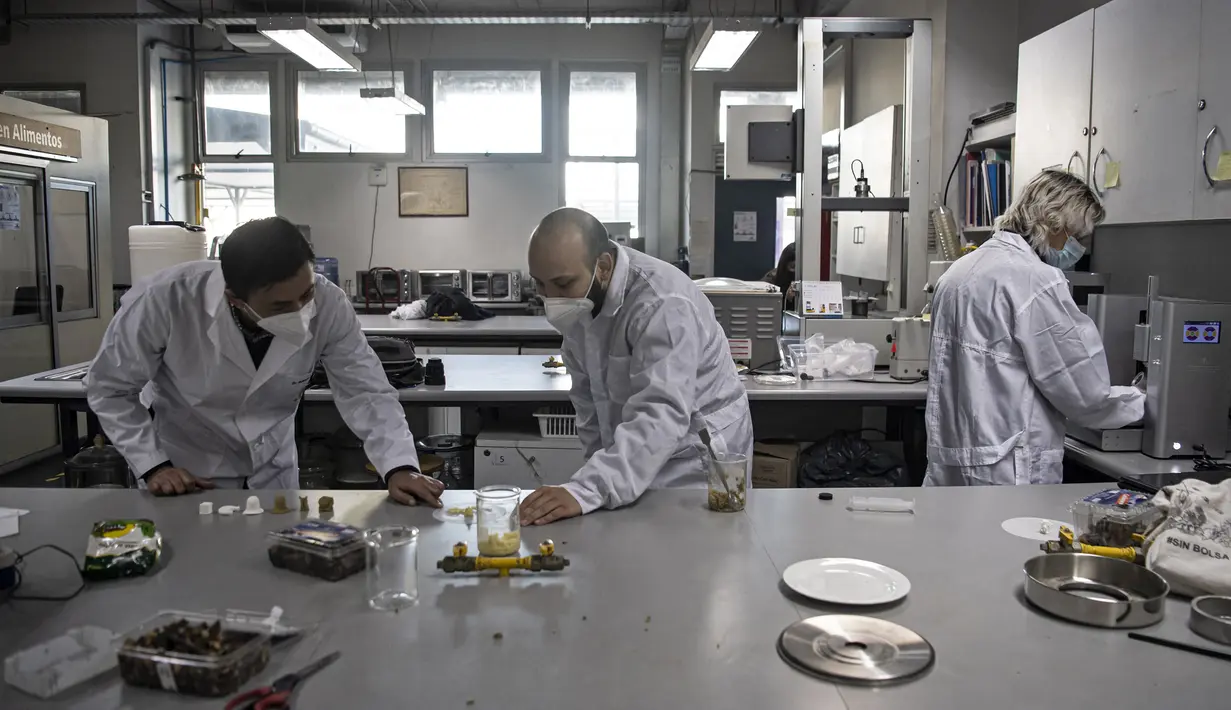 Insinyur makanan Roberto Lemus (kiri) bersama mahasiswa teknik makanan Marcelo Bertran (tengah) dan Alonso Vasquez bekerja di Laboratorium Universitas Chile, Santiago, Chile, 17 Juni 2022. Makanan cetak 3D berusaha merevolusi pasar makanan, terutama ditujukan untuk anak-anak di Chile. (Martin BERNETTI/AFP)