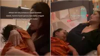 Momen Siti Badriah tertidur dalam posisi duduk demi sang anak yang sedang demam. Sikap Krisjiana di sini menuai pujian warganet. (Sumber: Instagram/krisjianabah)