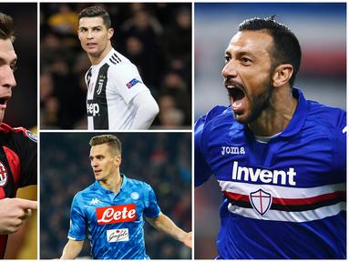 Berikut ini daftar top scorer Serie A 2019. Fabio Quagliarella di posisi pertama dengan koleksi 26 gol, sementara bintang Juventus, Cristiano Ronaldo hanya berada di posisi ke empat dengan 21 gol. (Foto Kolase AP dan AFP)