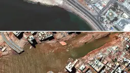 Kombinasi citra satelit dari Maxar Technologies ini menunjukkan jalan raya pesisir di Derna, Libya, pada 1 Juli 2023, dan daerah yang sama rusak akibat banjir pada Rabu, 13 September 2023. Saat badai menerjang pantai, warga Derna mengaku mendengar ledakan keras dan menyadari bendungan di luar kota telah runtuh. (Satellite image &copy;2023 Maxar Technologies via AP)