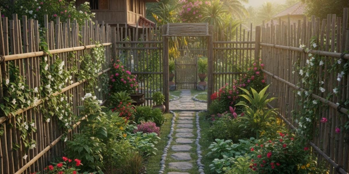 Ilustrasi Kebun dengan Pagar Bambu