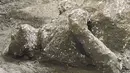 Salah satu dari dua jasad diyakini sebagai orang kaya dan budak prianya yang melarikan diri dari letusan gunung berapi Vesuvius hampir 2.000 tahun lalu, di pinggiran kota Romawi kuno Pompeii. Penemuan diumumkan otoritas arkeologi Italia pada Sabtu (21/11/2020). (Parco Archeologico di Pompei via AP)