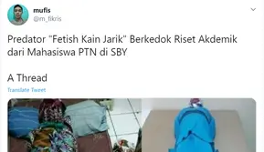 Viral sebuah kisah terkait Gilang dan riset anehnya yang meminta korban membungkus dirinya  seperti pocong. Korban pun membuat sebuah utas dengan nama Predator Fetish Kain Jarik Berkedok Riset Akademik dari Mahasiswa PTN di SBY. (Twitter)