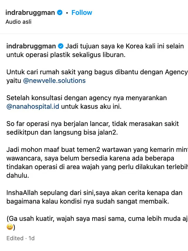 Unggahan Indra Bruggman. (Foto: Dok. Instagram @indrabruggman)
