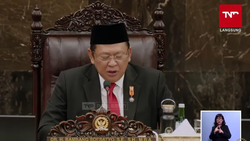 Ketua Majelis Permusyawaratan Rakyat (MPR) Bambang Soesatyo saat pidato dalam Sidang Tahunan MRP 2024.