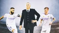 Ilustrasi - Carlo Ancelotti dikelilingi Benzema dan Toni Kroos (Bola.com/Lamya DInata/Adreanus Titus)