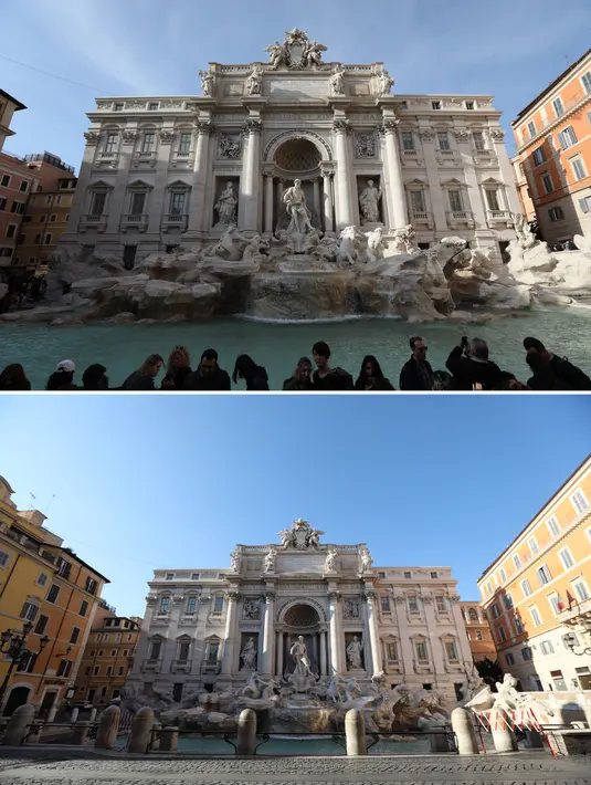 Pemandangan Air Mancur Trevi pada 6 Maret 2020 (atas) dan 16 Maret 2020 di Roma, Italia. Italia pada 31 Januari lalu mengumumkan keadaan darurat selama enam bulan akibat pandemi coronavirus. (Xinhua/Cheng Tingting)