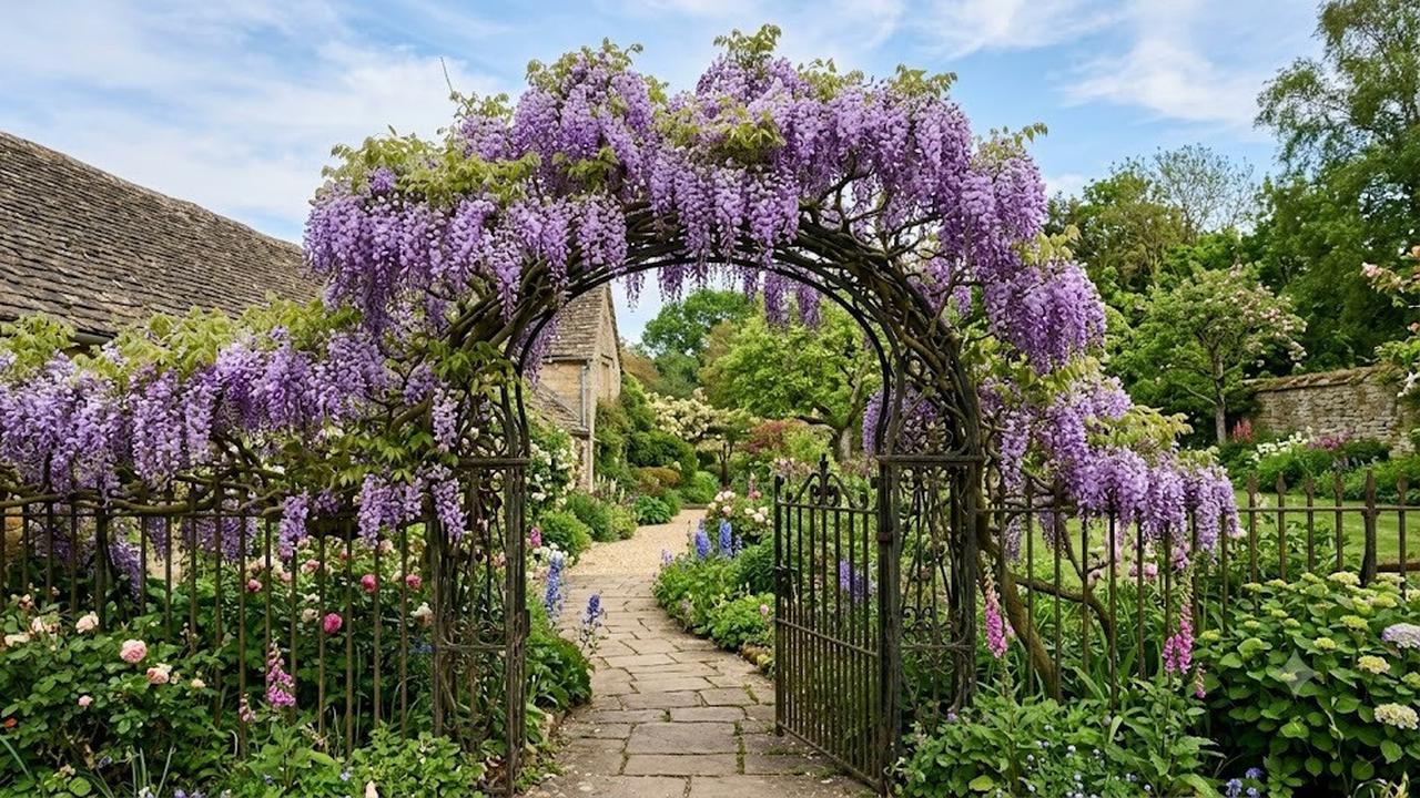 Wisteria di pagar melengkung (AI Generated)