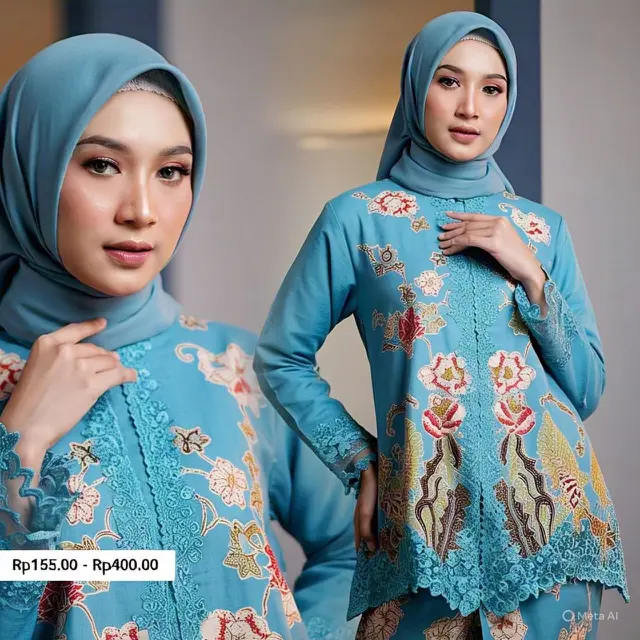 Gamis Batik Kombinasi Polos dengan Detail Bordir