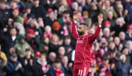 Mohamed Salah merayakan gol kedua Liverpool dalam laga Premier League melawan Fulham, Sabtu (11/4/2026). (AP Photo/Jon Super)