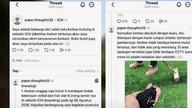 Tangkapan layar Threads soal dugaan bullying di Sekolah Tangsel. (Dok. Istimewa)