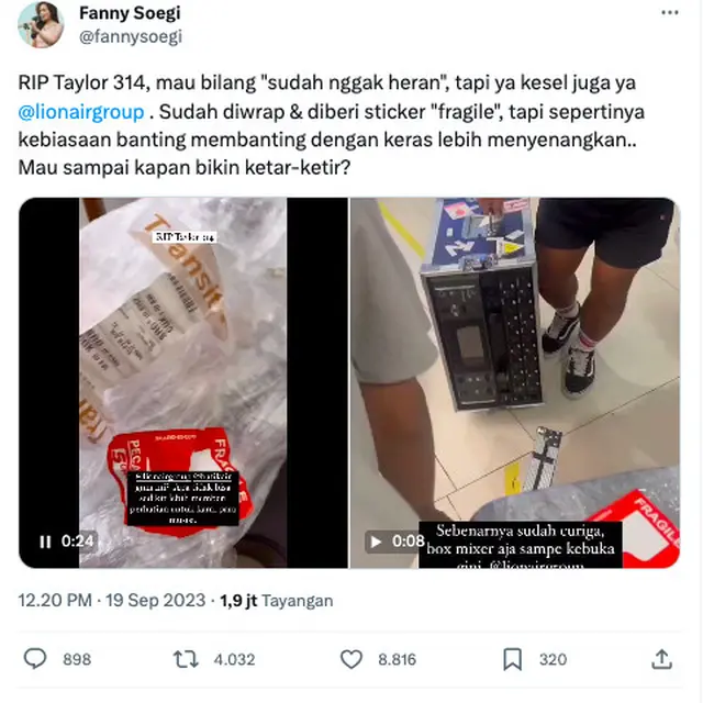 Nyesek, Gitar Seharga Puluhan Juta Rupiah Milik Fanny Soegi Bornean Rusak di Bagasi Sebuah Maskapai Penerbangan. (https://twitter.com/fannysoegi)