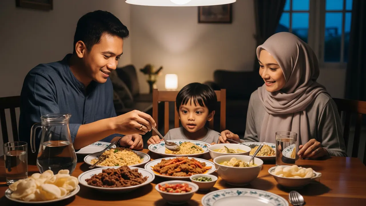 Ilustrasi imsakiyah, sahur dan buka puasa.