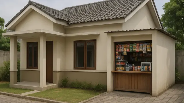 Desain Rumah L-Shape dengan Warung di Teras