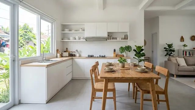 Dapur Putih dengan Meja Makan di Tengah Ruangan