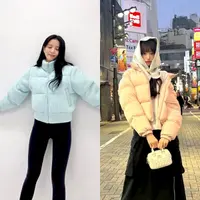 Tampil chic dan feminin dengan padu padan puffer jacket warna pink, maxi skirt, dan knit scarf. Cute! [@for_everyoung10]