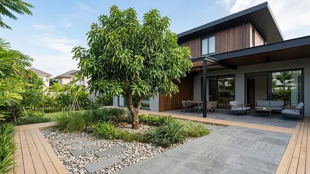 Model Teras Depan Rumah dengan Pohon Mangga Besar Jadi Peneduh Estetik