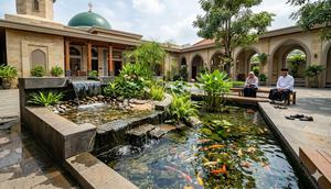Kolam Ikan dengan Air Mengalir di Teras Masjid (Foto: Gemini AI)