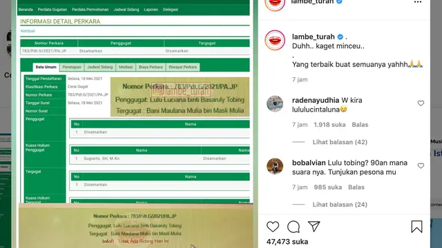 Tangkapan layar gugatan cerai Lulu Tobing. (Foto: Instagram @lambe_turah)