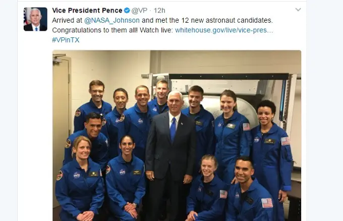 Cuitan Wakil Presiden Amerika Serikat dalam akun resminya saat mengumumkan 12 nama astronot baru untuk NASA (Twitter/@VP)