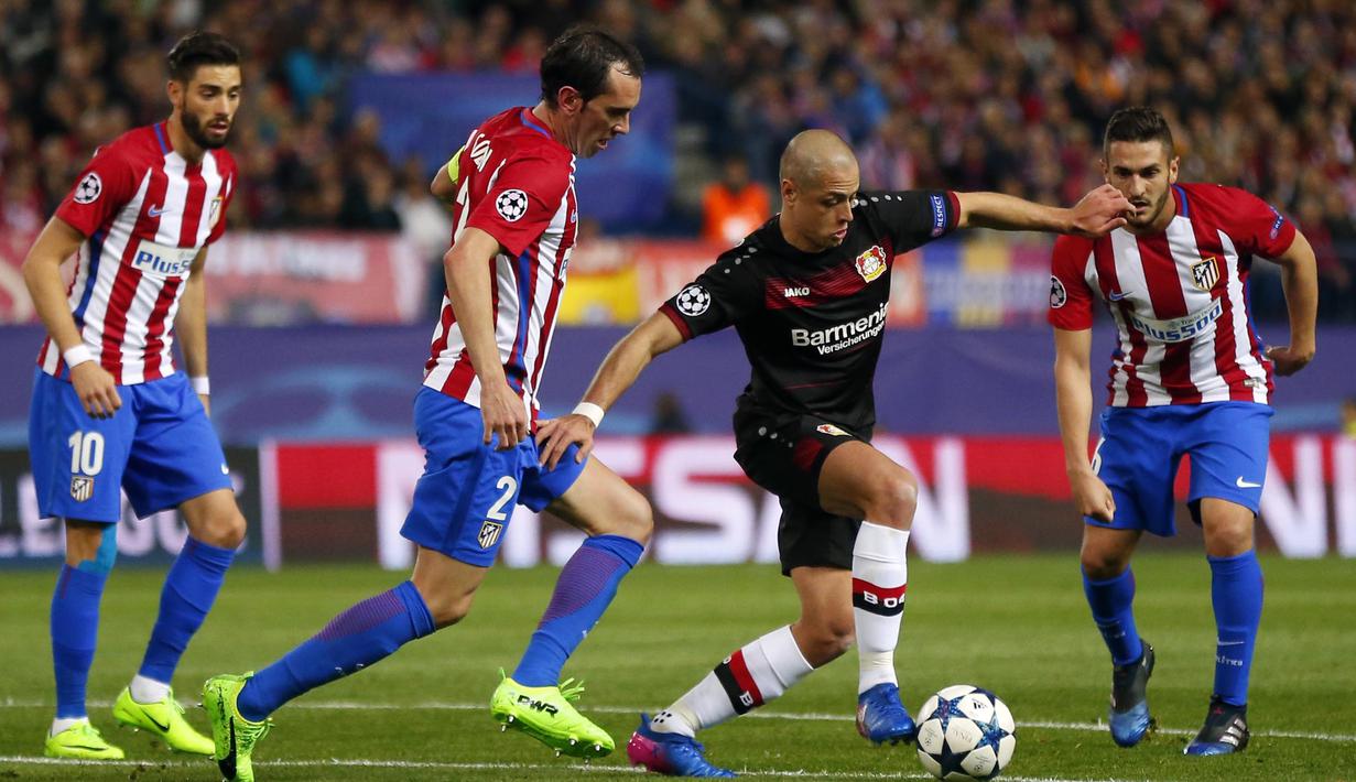 Aksi pemain Leverkusen, Javier Hernandez (tengah) saat melewati hadangan para pemain Atletico Madrid pada leg kedua Babak 16 Besar Liga Champions di Vicente Calderon stadium, Rabu (15/3/2017). Atletico lolos dengan agregat 4-2. (AP/Daniel Ochoa de Olza)
