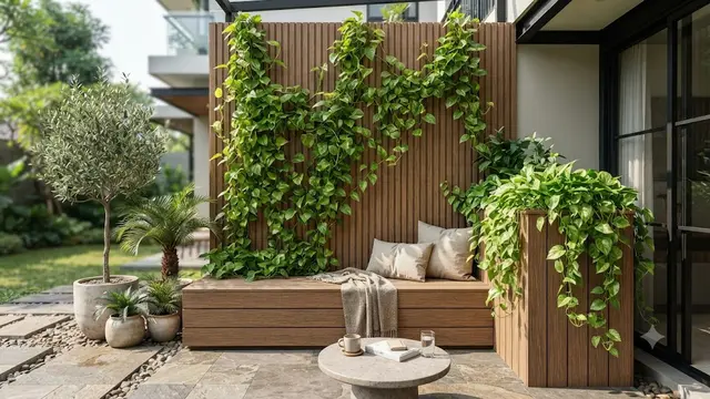 Kombinasi Sirih Gading dan Panel Kayu WPC untuk Teras Rumah