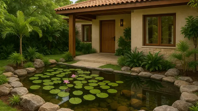 Model Rumah Sederhana dengan Kolam Ikan di Depan (Foto: ChatGPT)