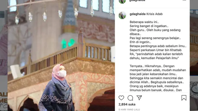 Unggahan Putri Aa Gym, Ghaida Tsurayya. (Foto: Instagram @gdaghaida)