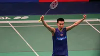 Lee Chong Wei merayakan kemenangan atas Jan O Jorgensen pada Final tunggal Putra Indonesia OPen 2016 di Istora, Senayan, Jakarta, Minggu (5/6/2016). (Bola..com/Nicklas Hanoatubun)