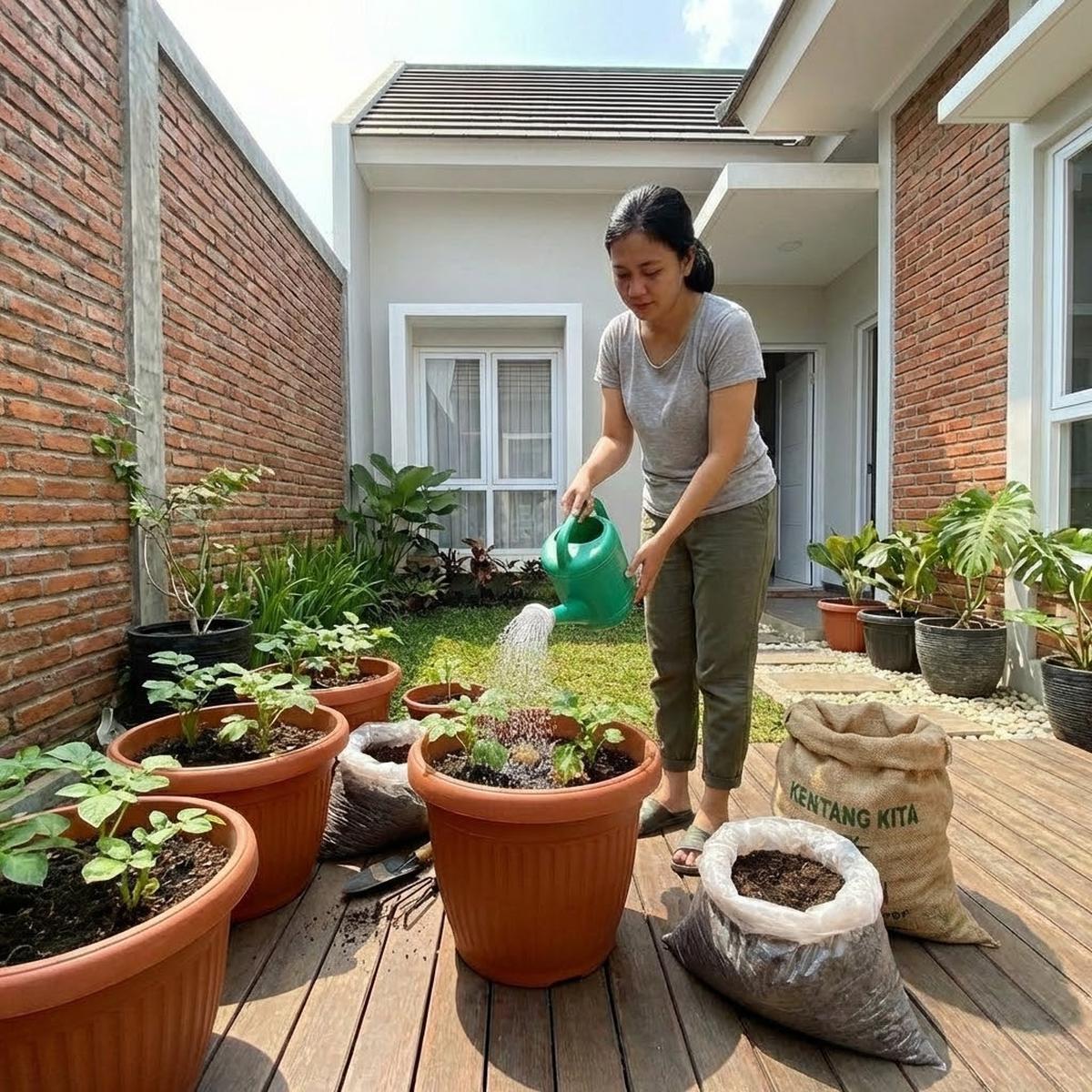 Menyiram tanaman kentang di pot (Gemini AI)