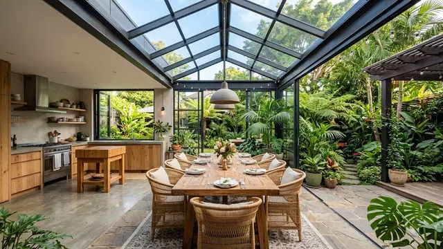 Desain Ruang Makan Semi Outdoor di Antara Dapur dan Taman/AI Generated