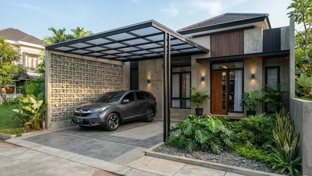 Model Carport Samping Rumah Type 45 dengan Roster dan Taman Kecil