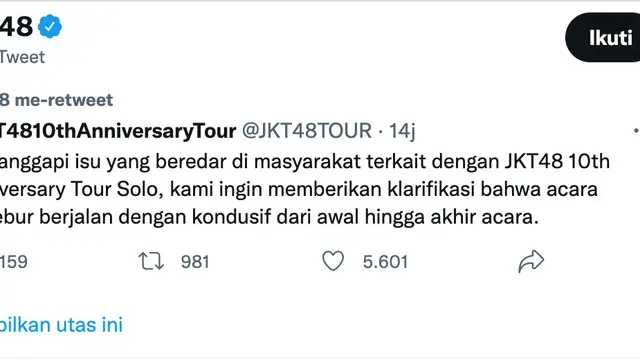 Klarifikasi pihak JKT48 soal isu pelecehan seksual terhadap member saat manggung di Solo Baru. (Foto: Dok. Twitter @JKT48)