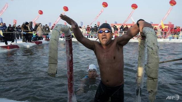 Beberapa perenang dengan berani terjun ke kolam.