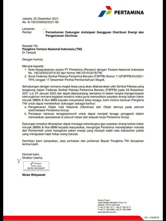 Surat PT Pertamina (Persero) meminta bantuan Panglima TNI untuk mengamankan sejumlah objek vital nasional (obvitnas). (Istimewa)